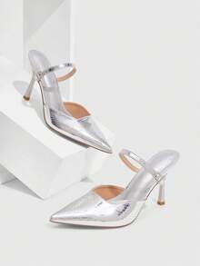CUCCOO SZL Women's Pointed Toe Buckle Design Fashion Everyday Versatile High Heel Mules For Christmas - Silver - View 1