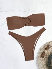 Oceva Ladies' Solid Color Wireless Bandeau Bra & Swim Bottom Bikini Set, Summer Beach Bathing Suit - Brown - View 3