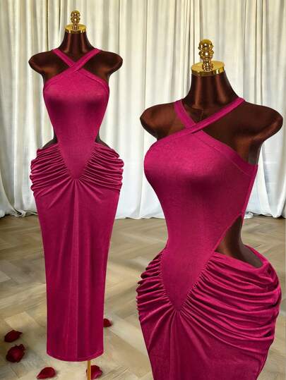 INAWLY 女士优雅露肩吊带性感修身褶皱长裙，夏季，女士夏季服装，夏季服饰，情人节，女士情人节装扮，派对，海滩，毕业典礼，优雅，正式，女士正装，性感，度假，女士度假装扮，时尚休闲通勤装，商务办公装，百搭时尚休闲日常装