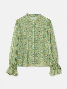 lacRébo Blusa bohemia con estampado floral verde, mangas abullonadas y detalle de puño con lazo para primavera y verano - Multicolor - Ver 7