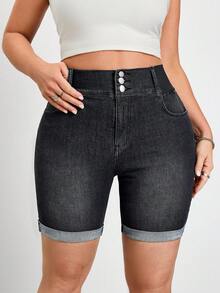 SHEIN CURVE+ 大码水洗高腰修身牛仔短裤，春夏狂欢节服装通勤度假毕业时尚Y2K可爱街头风派对婚礼优雅商务休闲女装高腰黑色牛仔百慕大短裤，带松紧腰带和纽扣细节黑色休闲牛仔短裤，百搭通勤短裤，弹力舒适女式短裤，运动休闲牛仔裤经典卷边牛仔短裤 - 藍色 - 查看 3