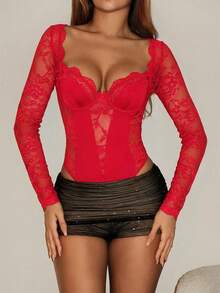 SHEIN ICON Y2K蕾丝拼接紧身长袖露背高腰连体衣（女款） - 紅色 - 查看 6