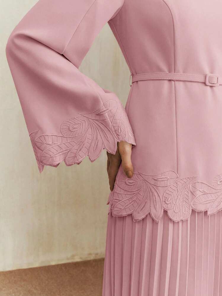 Women's Spring Pink Vintage Elegant Embroidered Waist Pleated Dress Pink Dress Elegant Dress