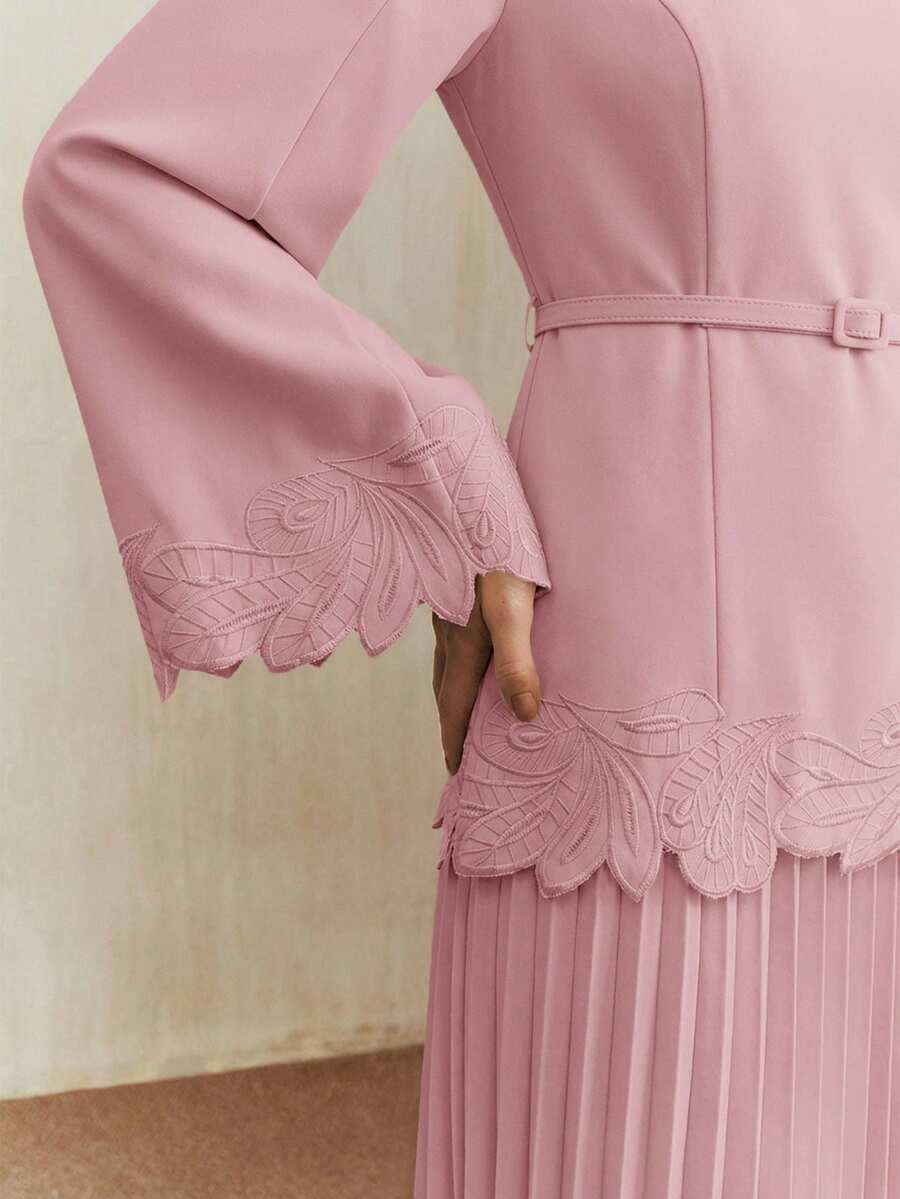 Anewsta 女士春季粉色复古优雅刺绣腰部褶皱连衣裙 - 淺粉色 - 查看 1