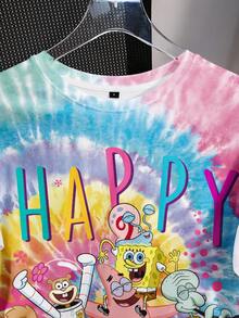 SpongeBob SquarePants | SHEIN 女士扎染卡通印花休闲圆领短袖T恤，夏季 - 白色 - 查看 5