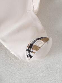 新生儿经典米色和黑色格子围兜，配套米色长袖格子按扣裆连体衣、裤子、帽子和手套六件套 - 杏色 - 查看 7