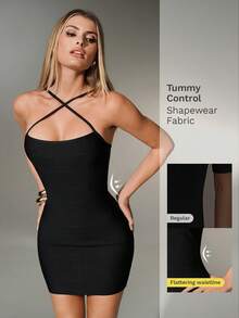 Nuvra Women's Sexy Backless Criss-Cross Front Bodycon Party Dress, Ribbed Knit Bandage Design - Black - View 1