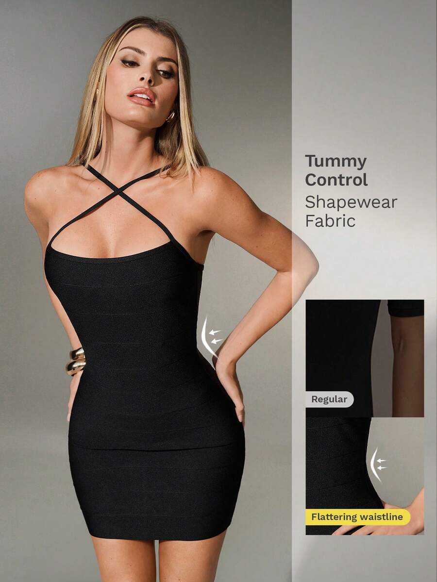 Nuvra Women's Sexy Backless Criss-Cross Front Bodycon Party Dress, Ribbed Knit Bandage Design - Black - View 1