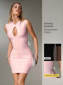 Nuvra 女士度假派对常规性感紧身无袖镂空绷带针织连衣裙 - 淺粉色 - 查看 1