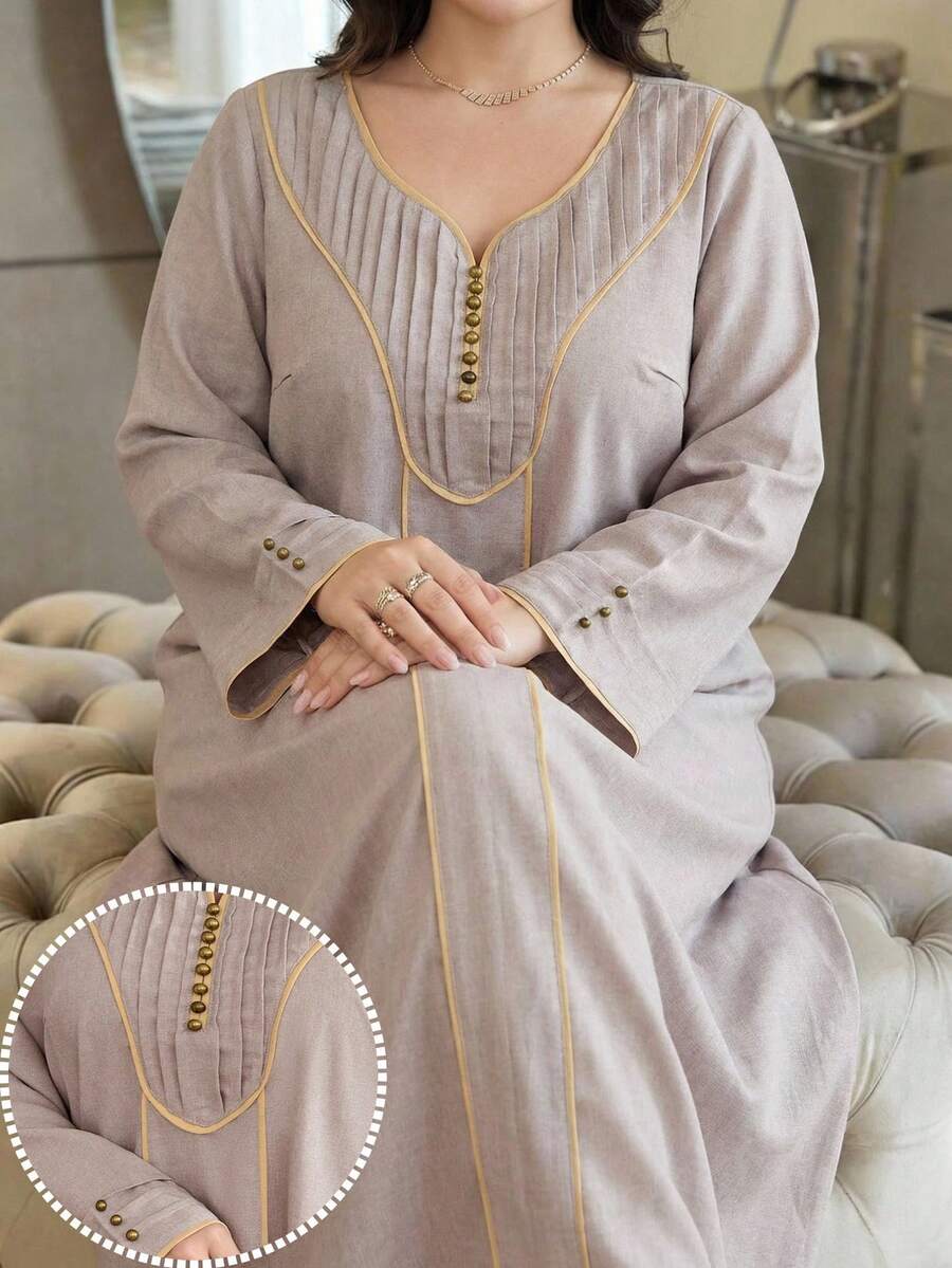 Al Najma 大码女士土耳其长裙和阿拉伯传统长袍 - 卡其色 - 查看 1