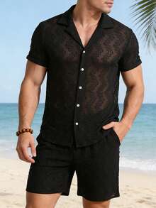 VENTUSAIL Men's Black 2 Pieces Set, Spring/Summer Wavy Jacquard Shirt - Black - View 1