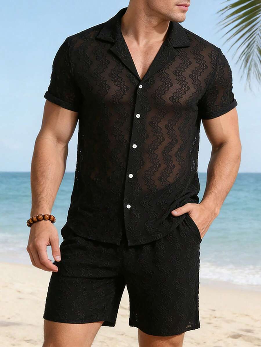 VENTUSAIL Men's Black 2 Pieces Set, Spring/Summer Wavy Jacquard Shirt - Black - View 1