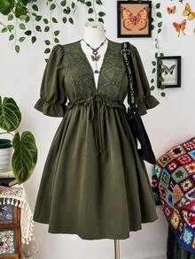 Sunspun Plus Size Lace Patchwork Vacation Dress, Spring/Summer - Army Green - View 3