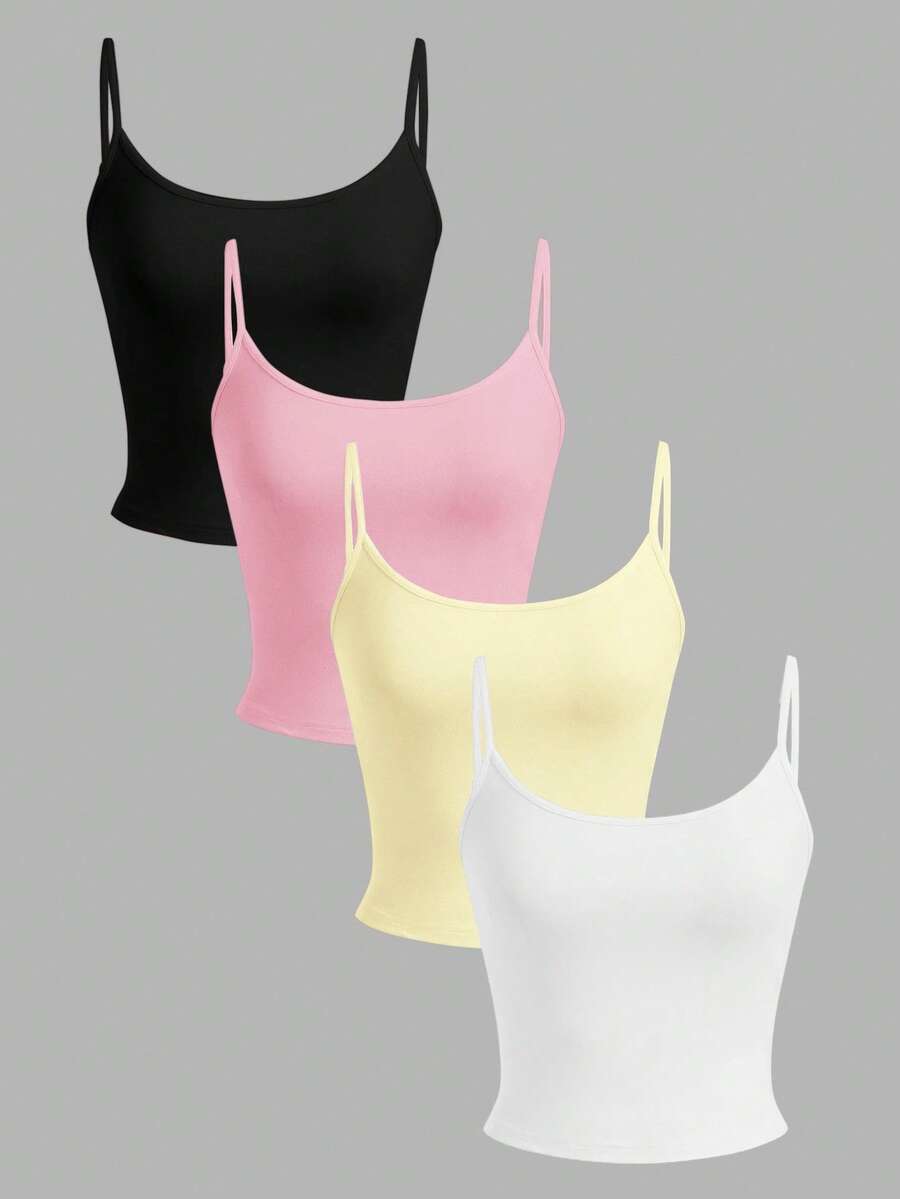 SHEIN EZwear 4件套女士黑色、粉色、黄色、白色短款休闲吊带背心，适合夏季穿着 - 彩色 - 查看 1