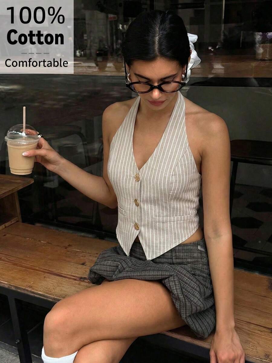 Aloruh 女士优雅纯棉无袖背心，性感深V领露背系带薄款西装外套，复古条纹单排扣装饰背心