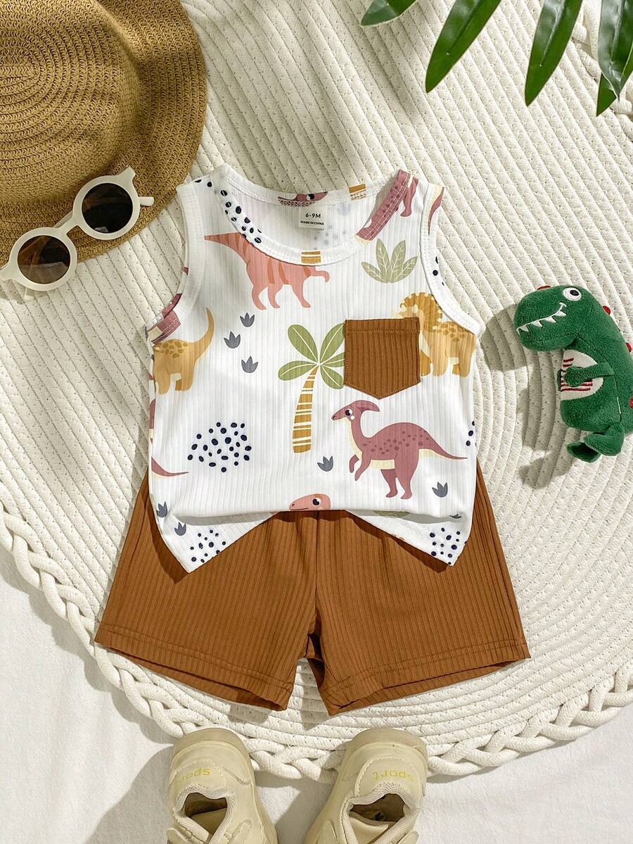 SHEIN Playful Pals 男宝宝夏季卡通恐龙印花无袖背心+纯绿色短裤套装，活泼可爱，适合户外探险、舒适居家穿着以及欢乐派对时光 - 棕色 - 查看 1