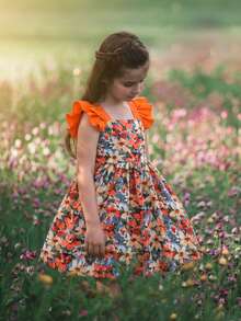 SHEIN 女童雪纺碎花方领荷叶边下摆休闲连衣裙 - 橘色 - 查看 4