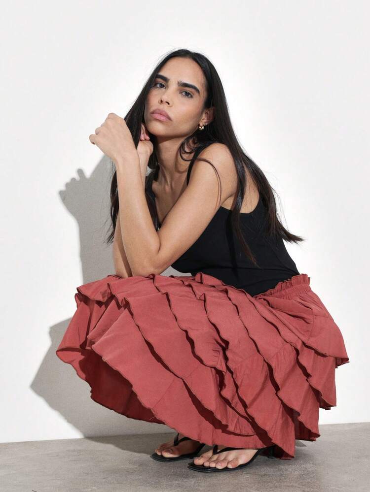 KSTM Women's Tiered Ruffle Midi Skirt High Waist Elastic Waistband Layered Flowy Spring Summer Feminine Style