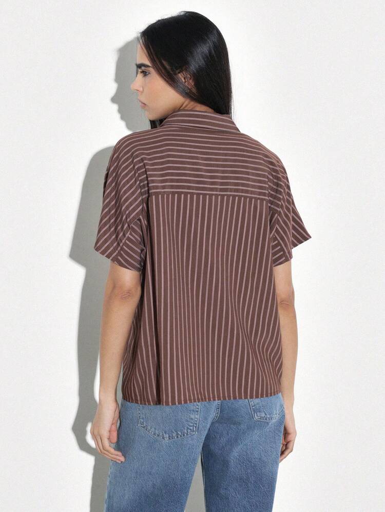 KSTM Women's Brown Vertical Striped Cap Sleeve Button Down Collared Shirt Relaxed Fit Casual Office Blouse Summer Work Top