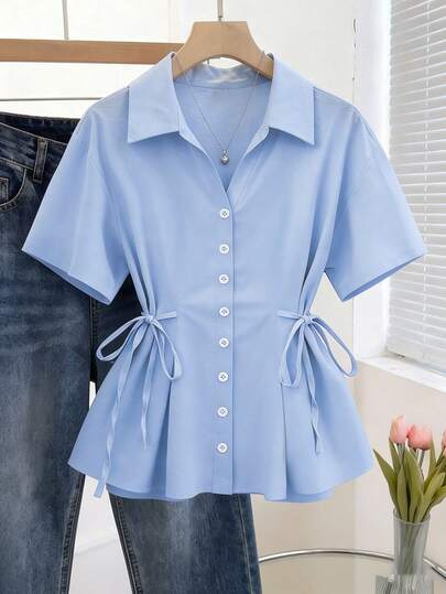 Franclia Outdoor Classic Casual Street Style Vacation Romantic Sweet Shirt Collar Cardigan Short Sleeve Waist Tie Waist Cinched Waist Valentine's Day Date Holiday Party Beach Photogenic Charm Urban Chic Everyday Versatile Elegant Business Office Commute Women Top Women Shirt Women Lightweight Jacket