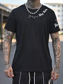 Devon Thys Men Letter Print Crew Neck Casual Short Sleeve T-Shirt, Boyfriend Gift, For Work - Black - View 4