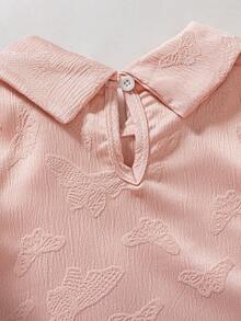 少女蝴蝶提花撞色网纱泡泡袖Tannelette连衣裙 - 粉色 - 查看 6