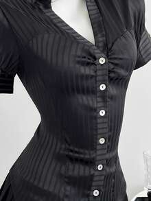 Elamini 女士条纹印花修身短袖衬衫，黑色复古商务女式上衣和衬衫 - 黑色 - 查看 6