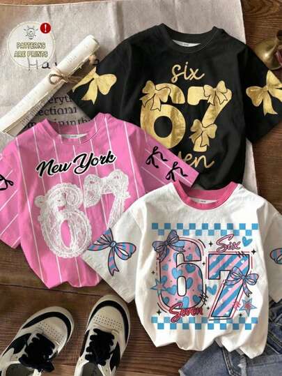少女三件套数码条纹及数字67印花短袖套装，休闲舒适，适合春夏穿着，时尚百搭，适合户外活动、野餐、街头摄影、居家、上学、节日庆典等场合，亦可作为礼物赠送。