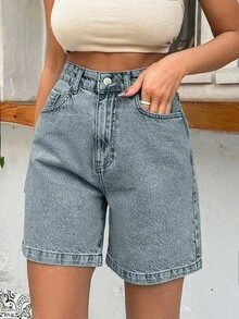 EURMUSE 100%Cotton Rigid Medium Wash Women Short - Dusty Blue - View 3