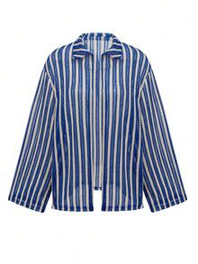 Bonvoyette Women's Blue & White Striped Loose Casual Long Sleeve Cardigan And High Waist Straight Leg Wide Leg Pants, Suitable For Summer Vacation - Blue and White - View 6