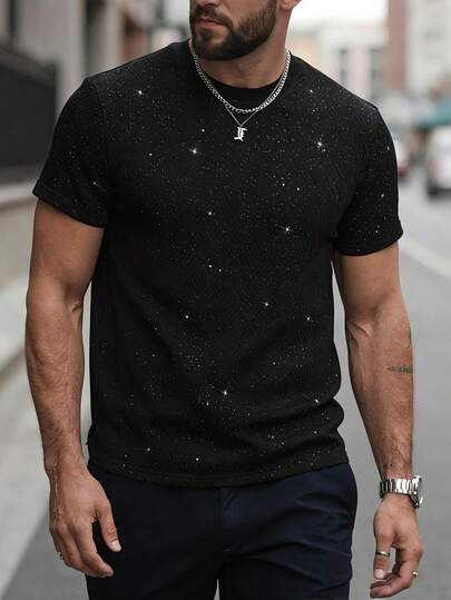 SLATEMANN 男士休闲宽松短袖T恤，黑色，饰有粉末洒落装饰，宽松版型，成熟街头风格，适合通勤和日常穿着，可作为礼物送给男友/丈夫，或作为情侣装。