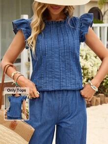 Breezaya 女士夏季休闲度假荷叶边袖口褶皱宽松牛仔衬衫 - 藍色 - 查看 1