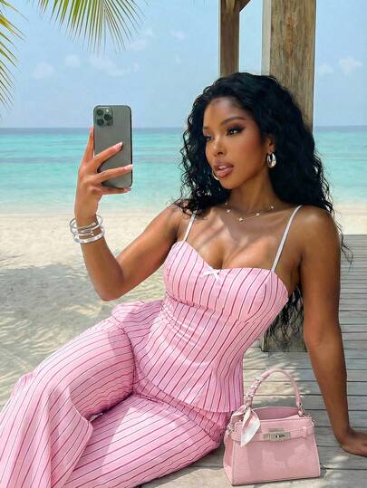 Slaydiva 2025 Summer New Arrivals: Birthday Party, Back To School, Preppy Style, Student Wear, Casual Outings, Basic Versatile, Casual, Vacation, Cruise Travel, Beach, Seaside, Sunbathing, Influencer Hot Items, Street Style, Millennial Sexy Girl - Spaghetti Strap Ruffled Top And Straight Leg Pants Pink Striped Women's Two Pieces Set - A