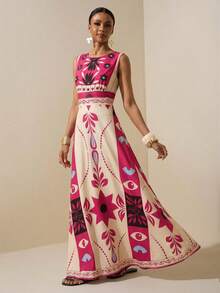 Zivah 新款夏季新款音乐节、复活节、圣帕特里克节、西部风情、游牧风、生日派对、毕业典礼、校园风、学生装、日常休闲、度假、邮轮旅行、海滩、日光浴、爆款、街头风、大码女式热带雨林组合印花无袖A字长裙，女士长款连衣裙，印花长裙，女士无袖长裙，夏季连衣裙，度假连衣裙 - 玫紅色 - 查看 5