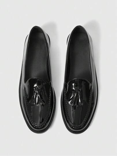 Sleekvia Women Shoes Round Toe Flat Bottom Black Mirror Tassel Classic Simple Loafers Women's Flat Sole Shoes Daily Commuting Comfort Outdoor Shopping Work Women's Shoes