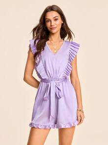 Coeurva Women's Elegant Purple Summer Loose V-Neck Solid Color Jumpsuit,Woven Brunch Vacation Dress,Cute Resort Wear New Arrival Casual Dresses For Women - Mauve Purple - View 4