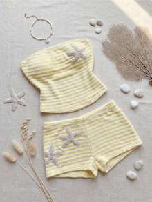 SHEIN PETITE New Summer Butter Yellow Beach Vacation Outfits Vacation Knit Tube Top Cropped Tank & Shorts Set Two Pieces Summer Sets 2 Pieces Sets Summer Summer Two Pieces Set 2 Pieces Summer Sets - Yellow - View 8