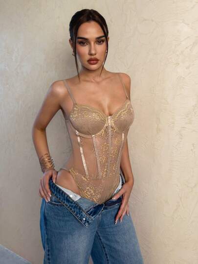 SHEIN Glamour Sexy Elegant Bicolor Lace Patchwork Sheer Mesh Striped Floral Underwire Camisole