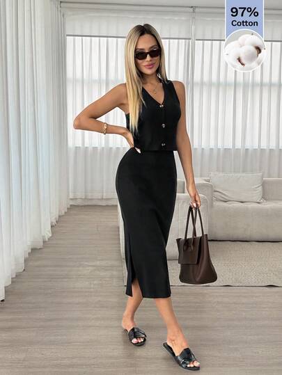 Easowa 女士纯色单排扣上衣和开衩半裙两件套，时尚百搭，适合通勤和外出穿着