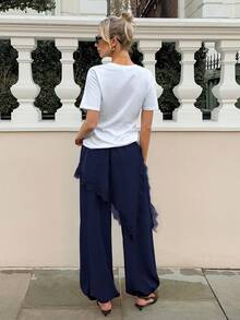 Siren Gaze Quần nữ thời trang thường ngày, kiểu dáng mới, phối ren tương phản, cạp chun. - Màu xanh lam - Xem 3