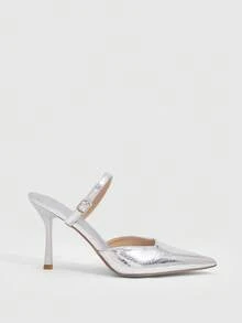CUCCOO SZL Women's Pointed Toe Buckle Design Fashion Everyday Versatile High Heel Mules For Christmas - Silver - View 2