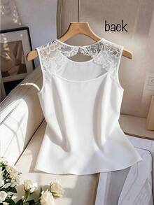 Franclia Women's Elegant White Camisole, Contrast Lace Back, Hollow Tie Design, Suitable For Commuting, Vacation And Outings - White - View 1