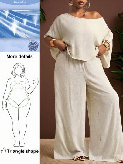 Truni Plus Size Women's Round Neck Set, Loose Waist Elastic Detail, Suitable For Vacation, Afternoon Tea, Wedding Season, Beach Cruise Holiday, City Self-Driving Tour, Bohemian Holiday, Music Festival, Beach Wear, Easter, Elegant Attire, Holiday Wear, Music Concert Outfit, Tropical Resort Wear, Holiday Outfit, Bohemian Style Clothing, Suitable For Spring, Summer And Autumn, For Pear Triangle Body Shape Wide Leg Pants Set Plus Size Pants Set Curve Plus Plus Size Co Ords Curve Pants Set Plus Size Women Jumpsuit Curve Plus Size Co Ords, Summer Outfits