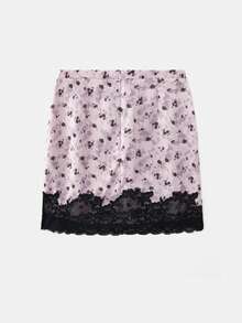 lacRébo Pink Floral Lilac Satin Mini Skirt With Black Lace Hem,Elegant Summer French Parisian Style Feminine Cute Vacation Brunch Skirt - Purple - View 6