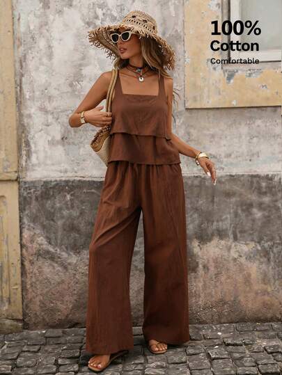 Brillora Women's Simple Solid Color Camisole And Pants 2 Pieces Set, Summer,Vacation,Vacation Style,Cotton,Going Out For Dating, Summer Beach Holiday Two Pieces Set, Women's Solid Color Camisole And Wide Leg Pants Casual 2 Pieces Set,Old Money Style Outfit Brown Linen Pants Set,Two Pieces Set Co Ord Set Summer Cotton 2 Piece Set Spring Outfits,Casual Clothes, Casual Vacation Style, Spring/Summer,Comfortable Pure Cotton Camisole And Trousers Two-Piece Set Cotton 2 Piece Set,Plain/Plaid/Striped/Casual, Loose Two Piece Set Women,  Summer Two Piece ,Outfit Brown Palazzo Pants Set, Casual Two Piece Set Women, Summer Two Piece Outfit, Brown Two Piece Set Women