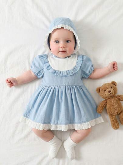 SHEIN 2件套幼儿女童优雅甜美荷叶边领口和下摆纯棉短袖蓝色连衣裙+可调节花边帽子套装