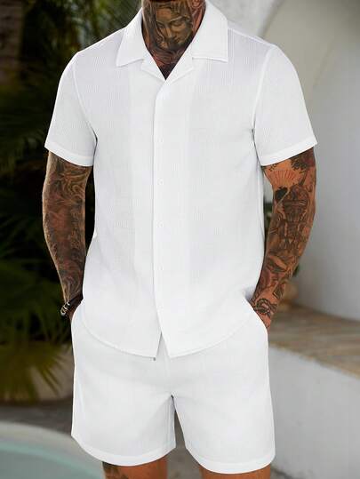 Manfinity CasualCool Men's Casual Solid Color Short Sleeve Shirt Set