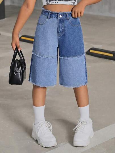 Tween Girls Fashion Casual Y2k Vintage Cool Street Streetwear Comfortable Light-To-Dark Blue Denim Loose Seven-Inch Jeans For Tween Girl Clothes Tween Girls Dailywear And Tween Girl Spring To Summer Rave Outfits Festival And Outfits Streetwear Clothes