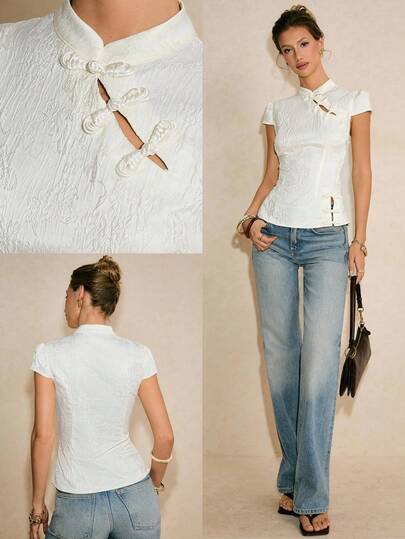 Poéselle White Jacquard Chinese-Style Top With Traditional Chinese Button Closures, Short-Sleeved Modern Qipao-Inspired Blouse, Elegant Oriental-Inspired Spring/Summer Women's Shirt.,Women's Jacquard Mandarin Collar Button-Up Fitted Casual Blouse, Versatile For Dates And Outings,French-Style Top,2026 New Arrival