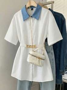 Franclia Blue And White,Summer,Elegant And Classy,School,Back-To-School Denim Collar Short Sleeve Shirt With Metal Gold Chain Belt,Loose Minimalist Style - Blue and White - View 1